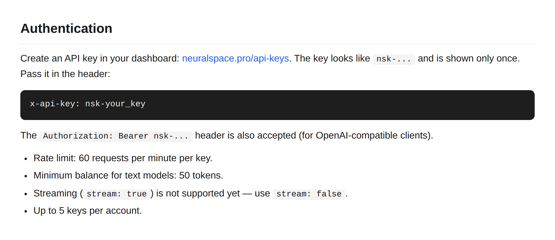 Authentication section in the public NeuralSpace API docs at /v1/docs