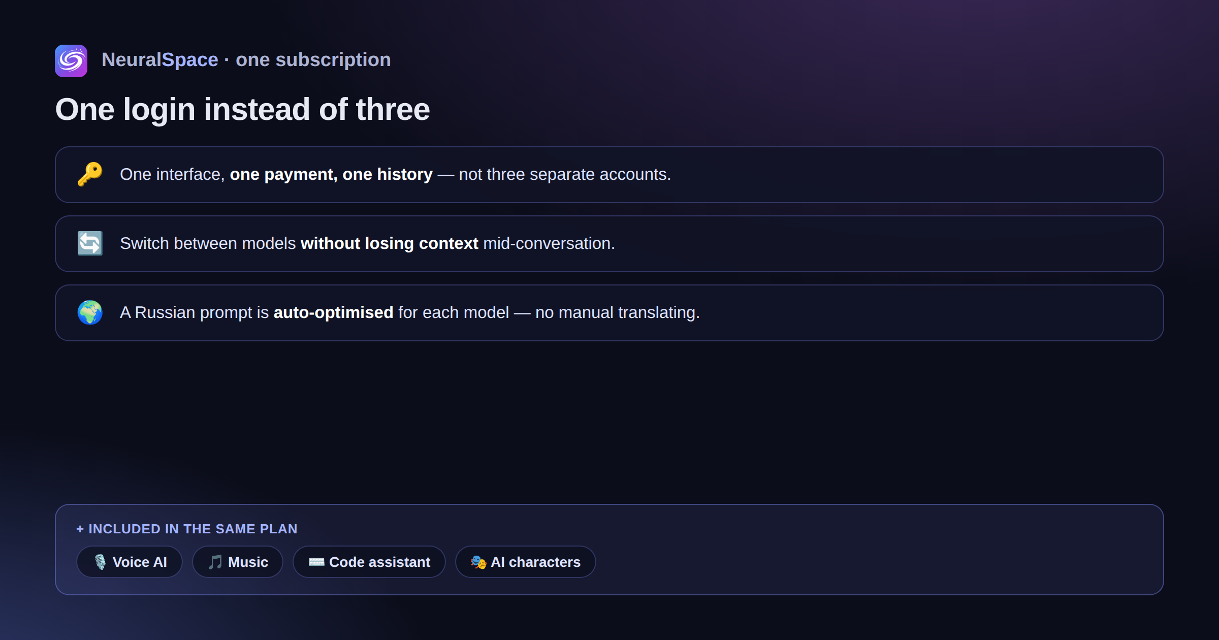 One NeuralSpace subscription instead of three: one interface, payment and history, switch models without losing context, automatic prompt optimisation, plus voice AI, music, a code assistant and AI characters