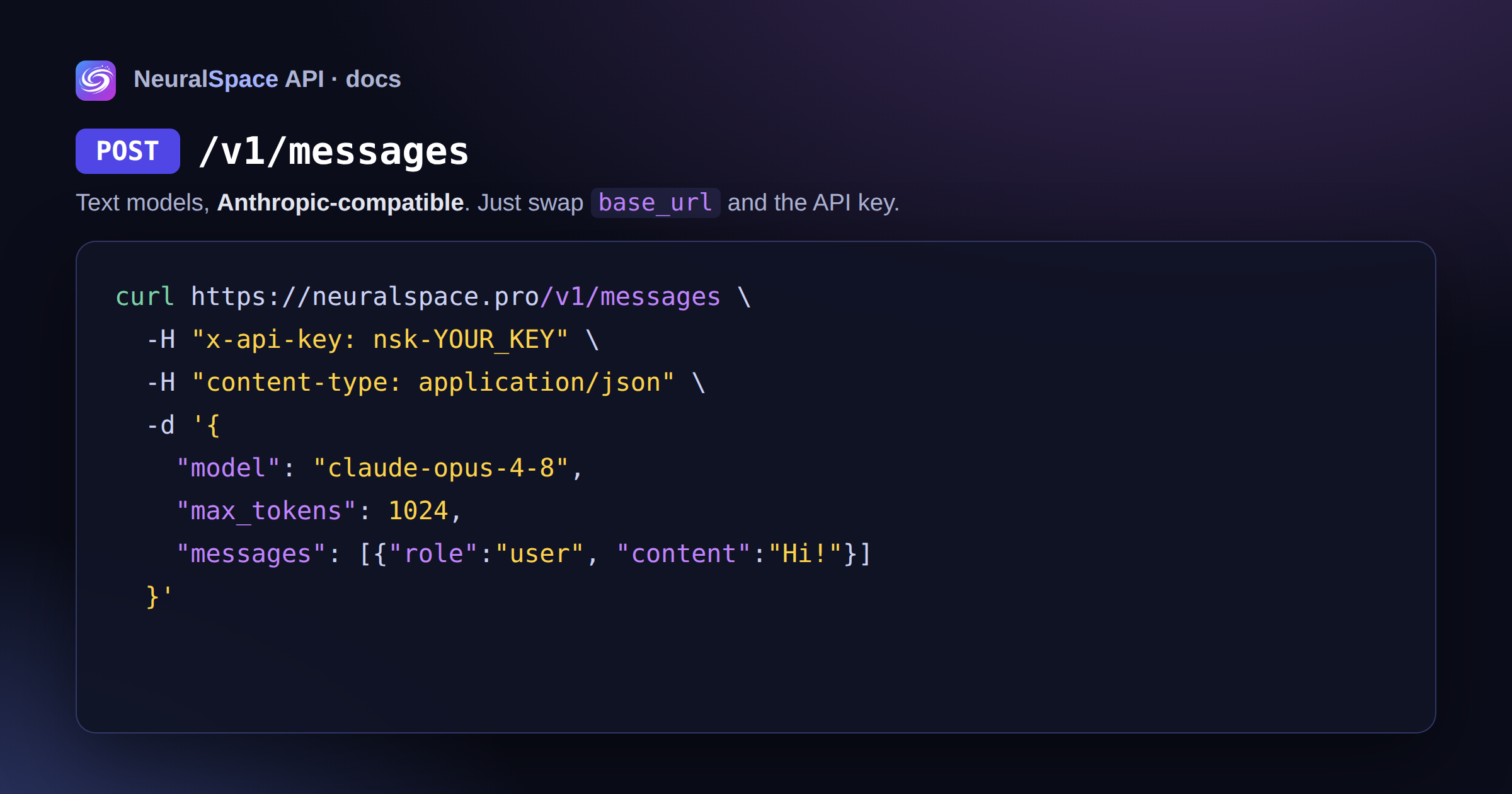 POST /v1/messages endpoint in Anthropic format with a curl example — NeuralSpace API docs