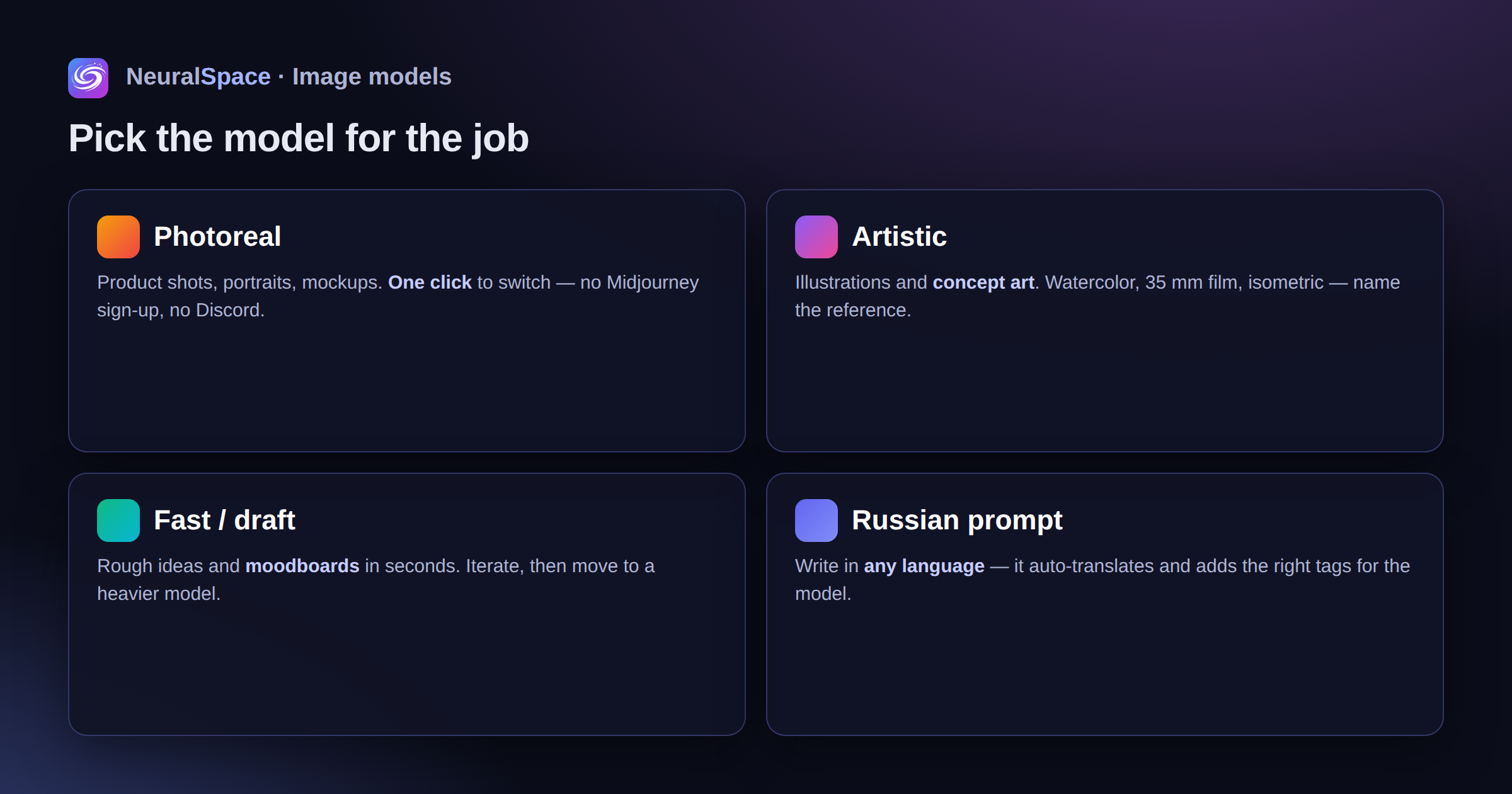 Image models in NeuralSpace: photoreal for product shots and portraits, artistic for illustrations and concept art, fast models for drafts and moodboards, plus automatic translation of a Russian prompt