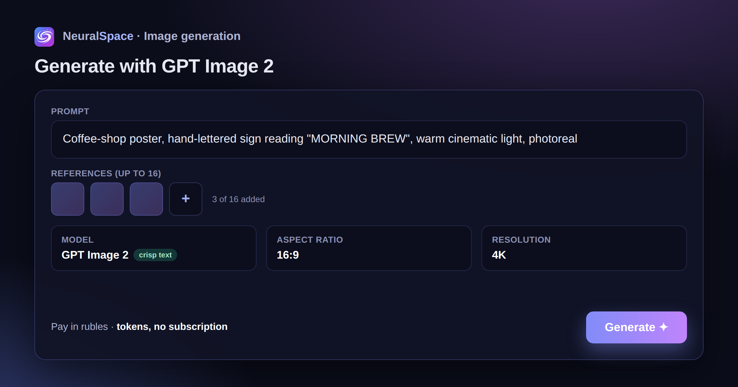 The NeuralSpace image-generation panel with GPT Image 2 selected — prompt, up to 16 references, 16:9 aspect ratio and 4K resolution