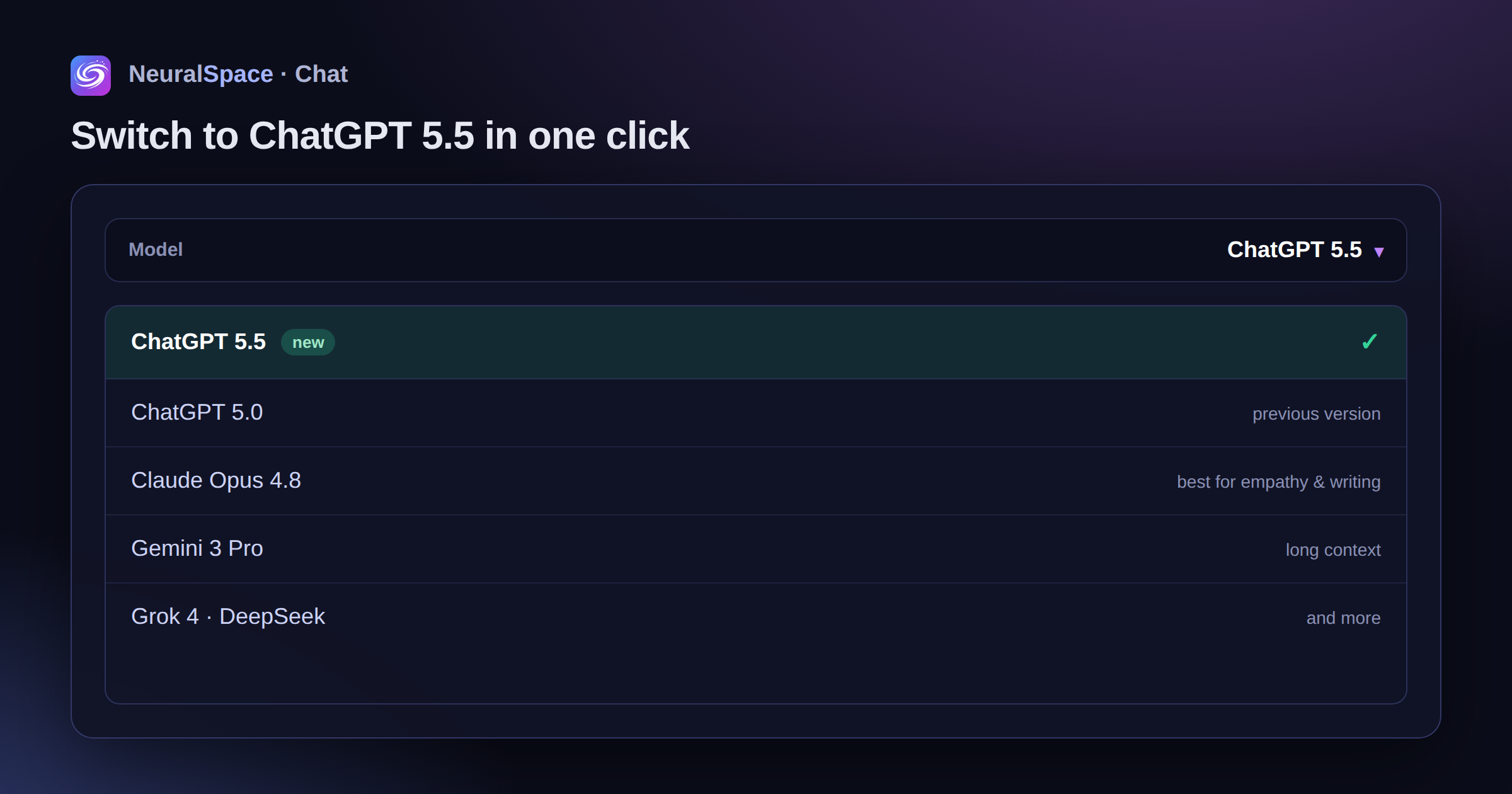 The model dropdown in NeuralSpace chat with ChatGPT 5.5 selected, plus 5.0, Claude, Gemini and Grok below it