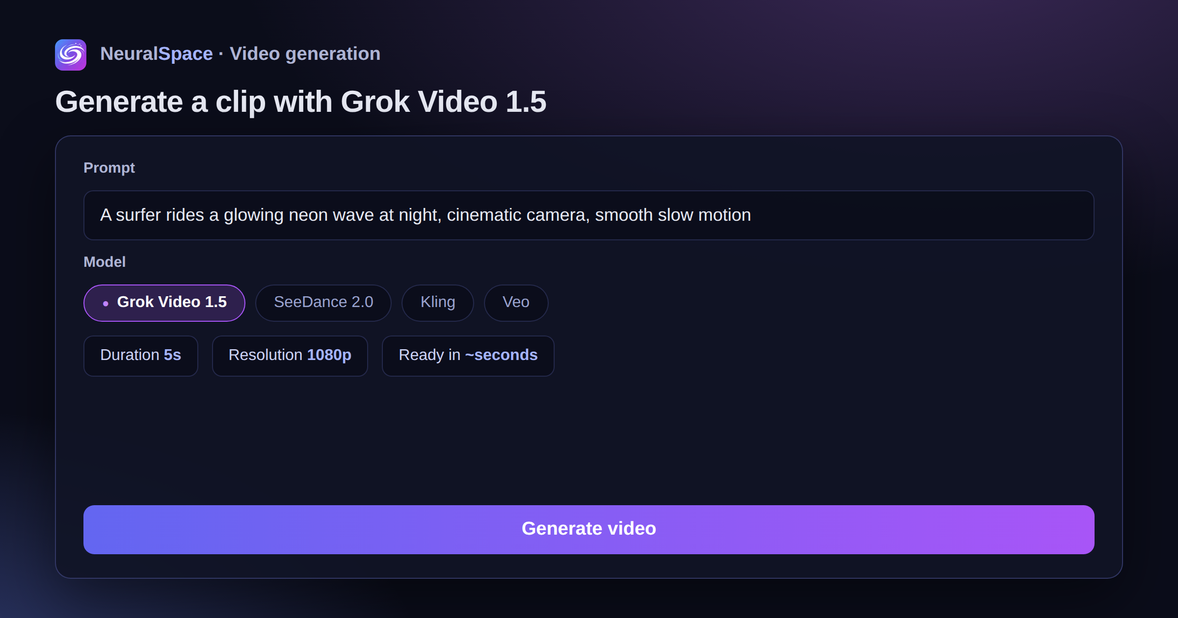 Video generation panel on NeuralSpace with Grok Video 1.5 selected — prompt, model, duration and Generate button
