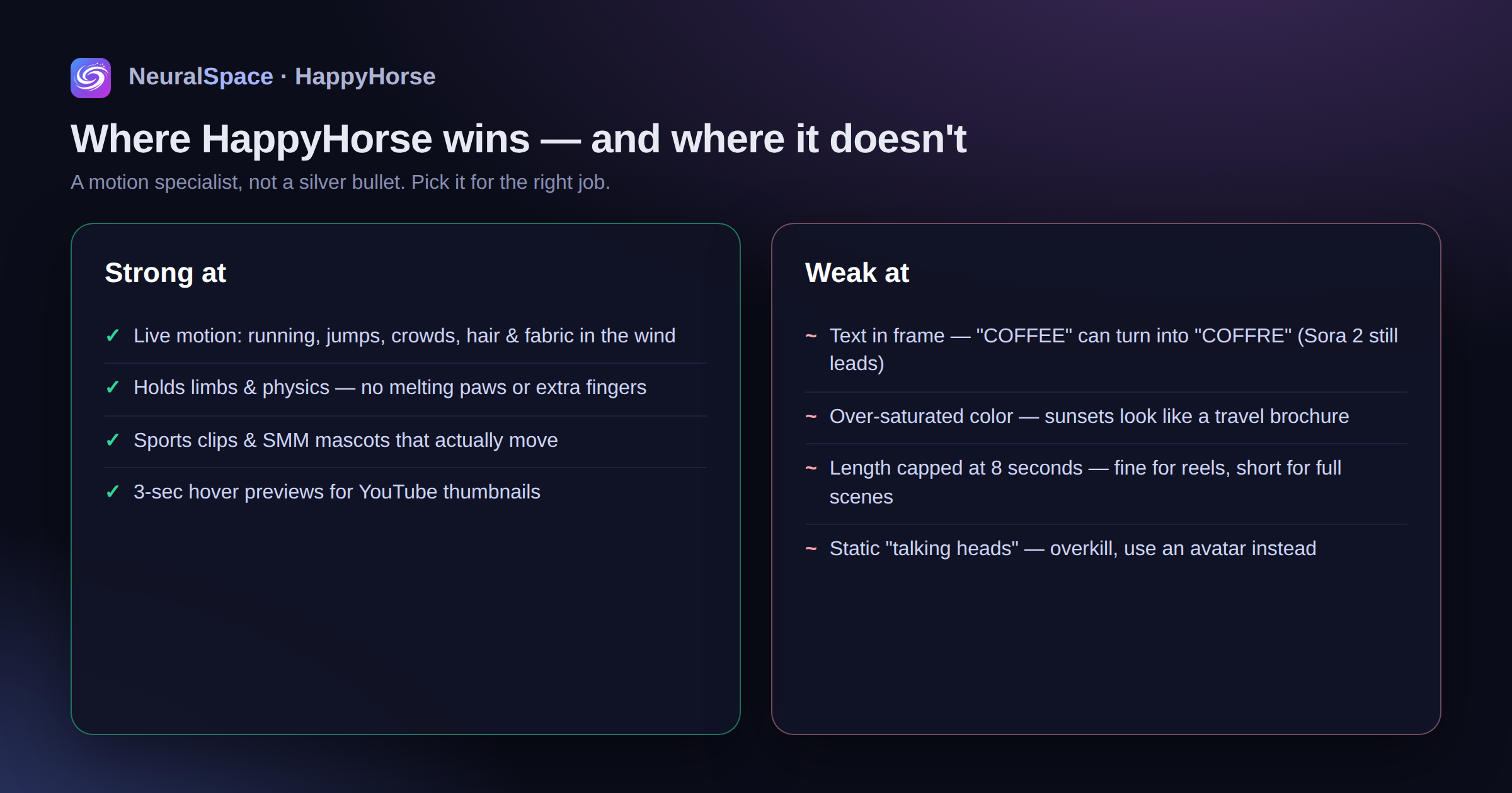 Strengths and weaknesses of HappyHorse — strong on live motion and physics, weak on text in frame, color saturation and clip length