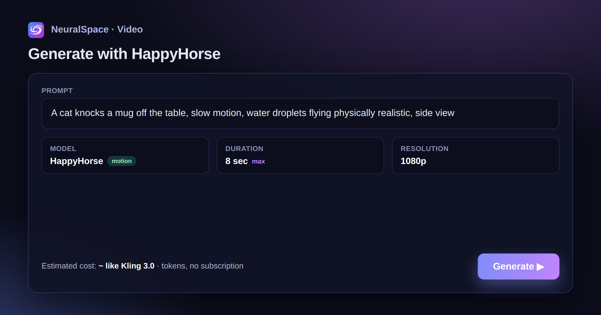 The NeuralSpace video panel with HappyHorse selected — prompt, 8-second duration, 1080p and a Generate button