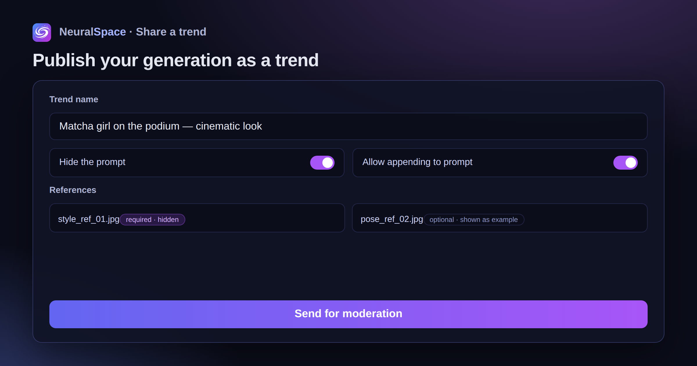 NeuralSpace trend editor: name, hide prompt, allow appending, required/hidden references and send for moderation