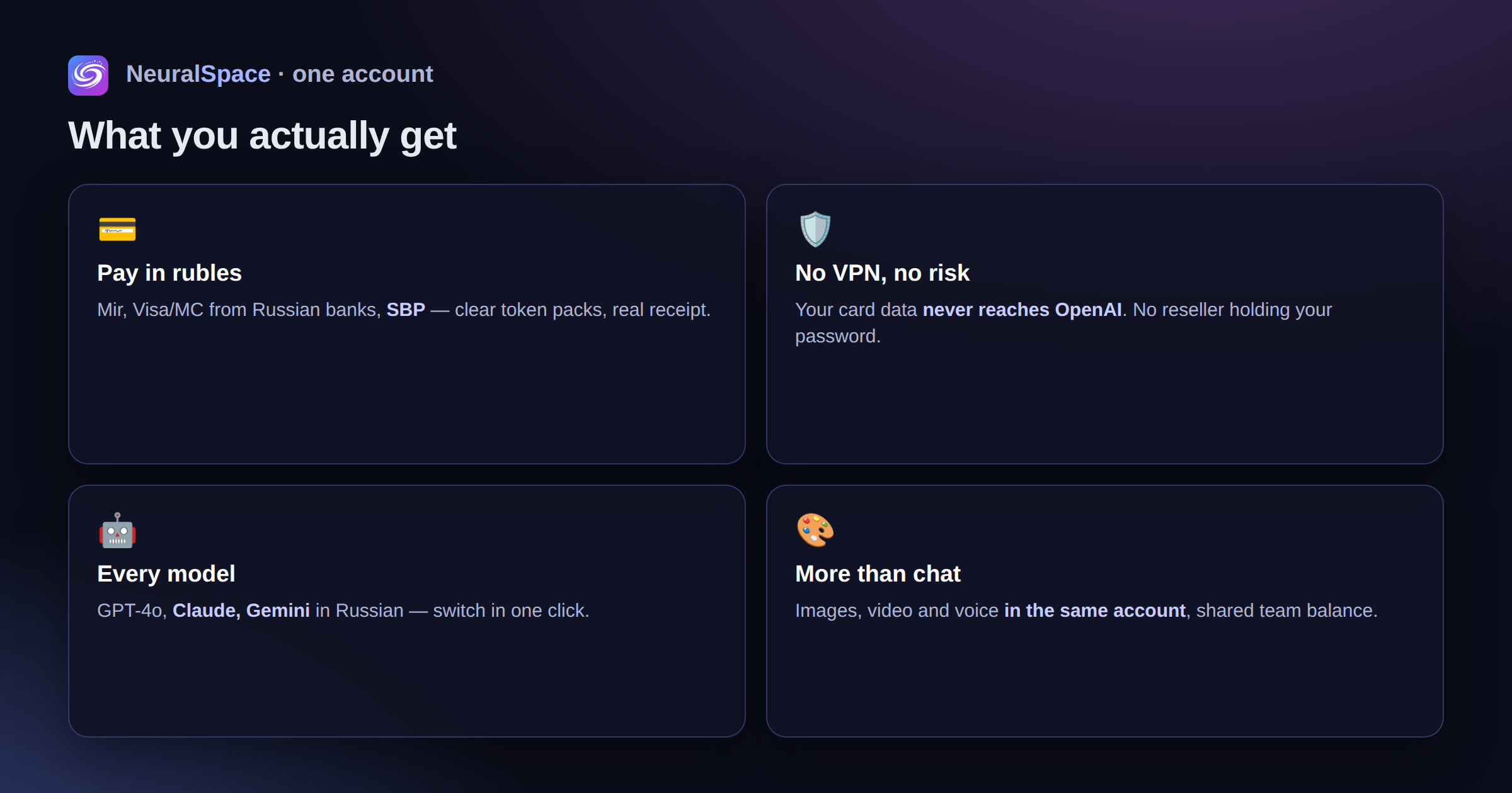 What you get with one NeuralSpace account: pay in rubles via Mir and SBP, no VPN and no risk, every model including GPT-4o, Claude and Gemini, plus images, video and voice in the same place