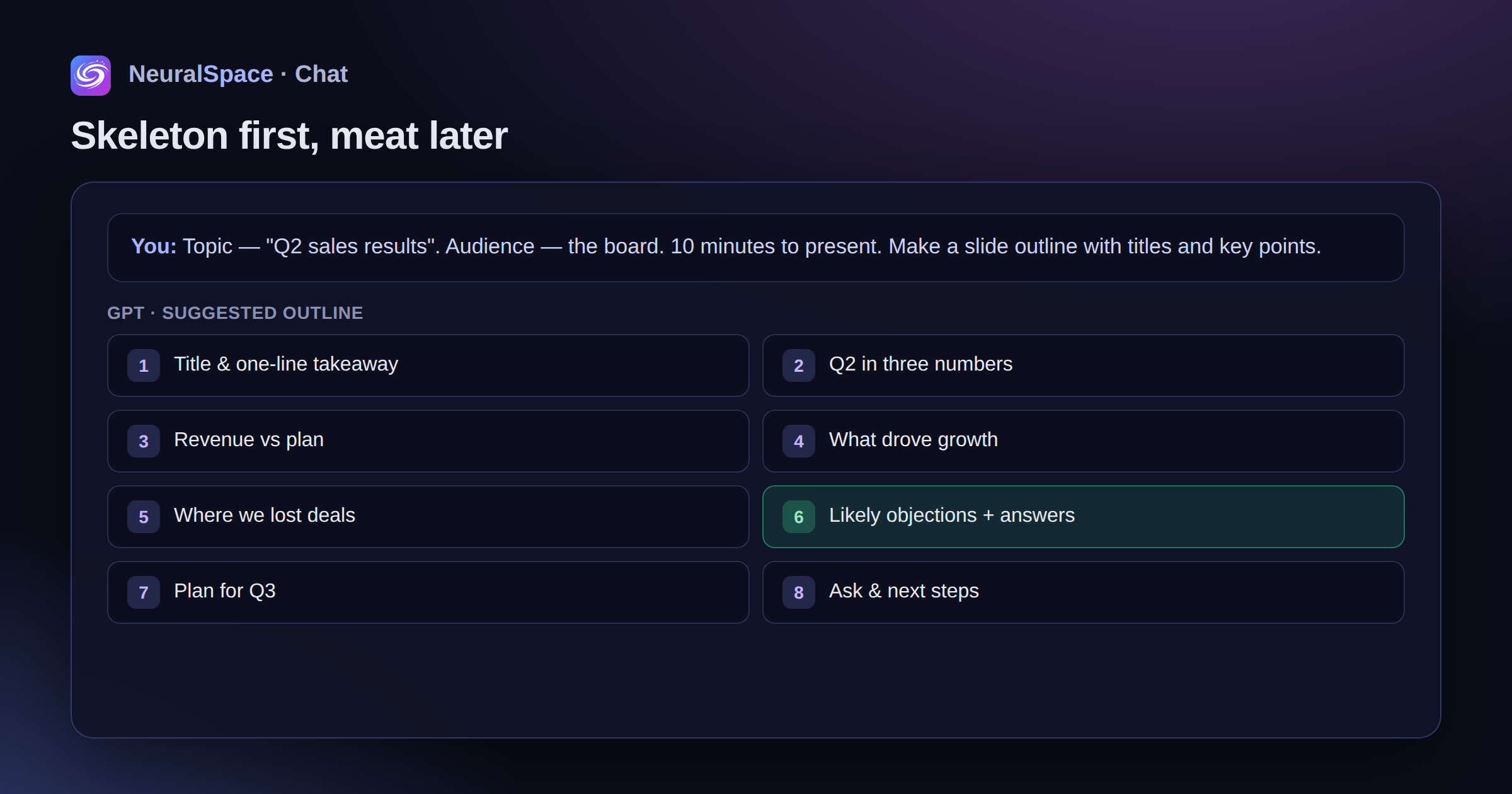 GPT in NeuralSpace returns a slide outline of 10–15 slides with titles and key points from a short prompt