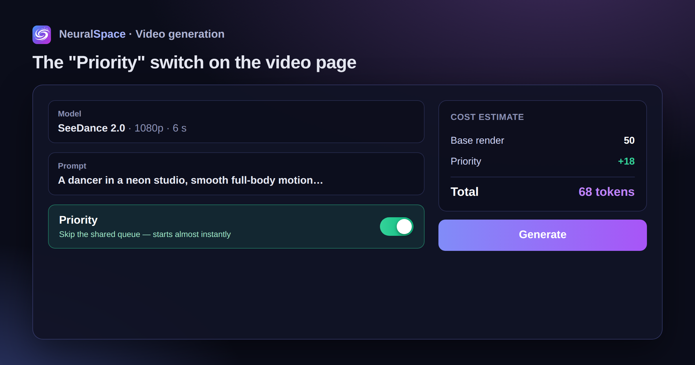 The Priority switch on the NeuralSpace video generation page, with SeeDance 2.0 selected and a cost estimate showing the priority add-on