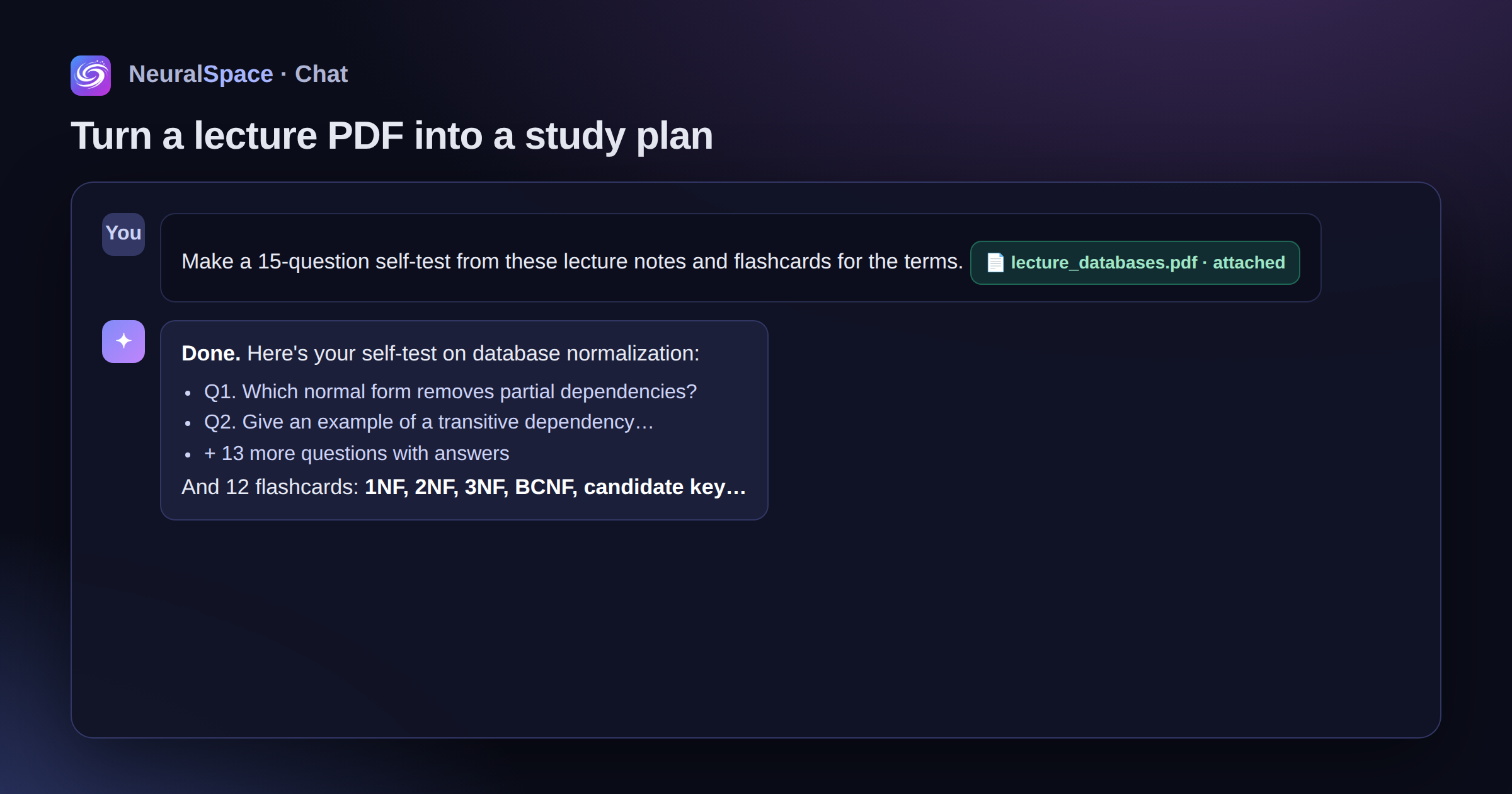 NeuralSpace chat turning a lecture PDF into a 15-question self-test and flashcards for the terms