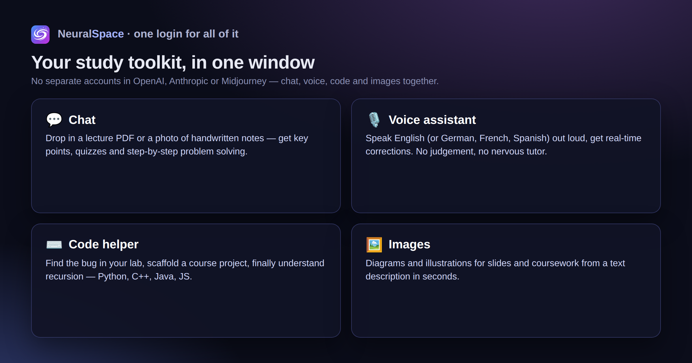 The four NeuralSpace tools students use most — chat, voice assistant, code helper and image generation — under one login