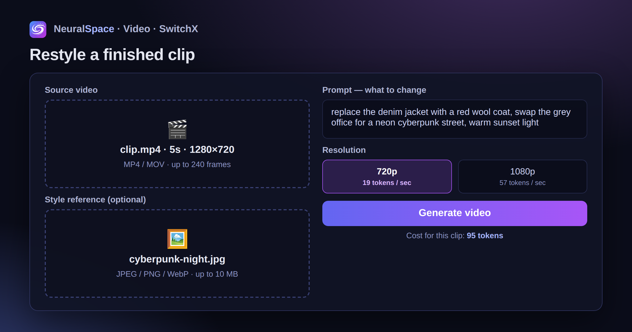 SwitchX in the Video section on NeuralSpace: uploading the source clip, a style reference and choosing the resolution