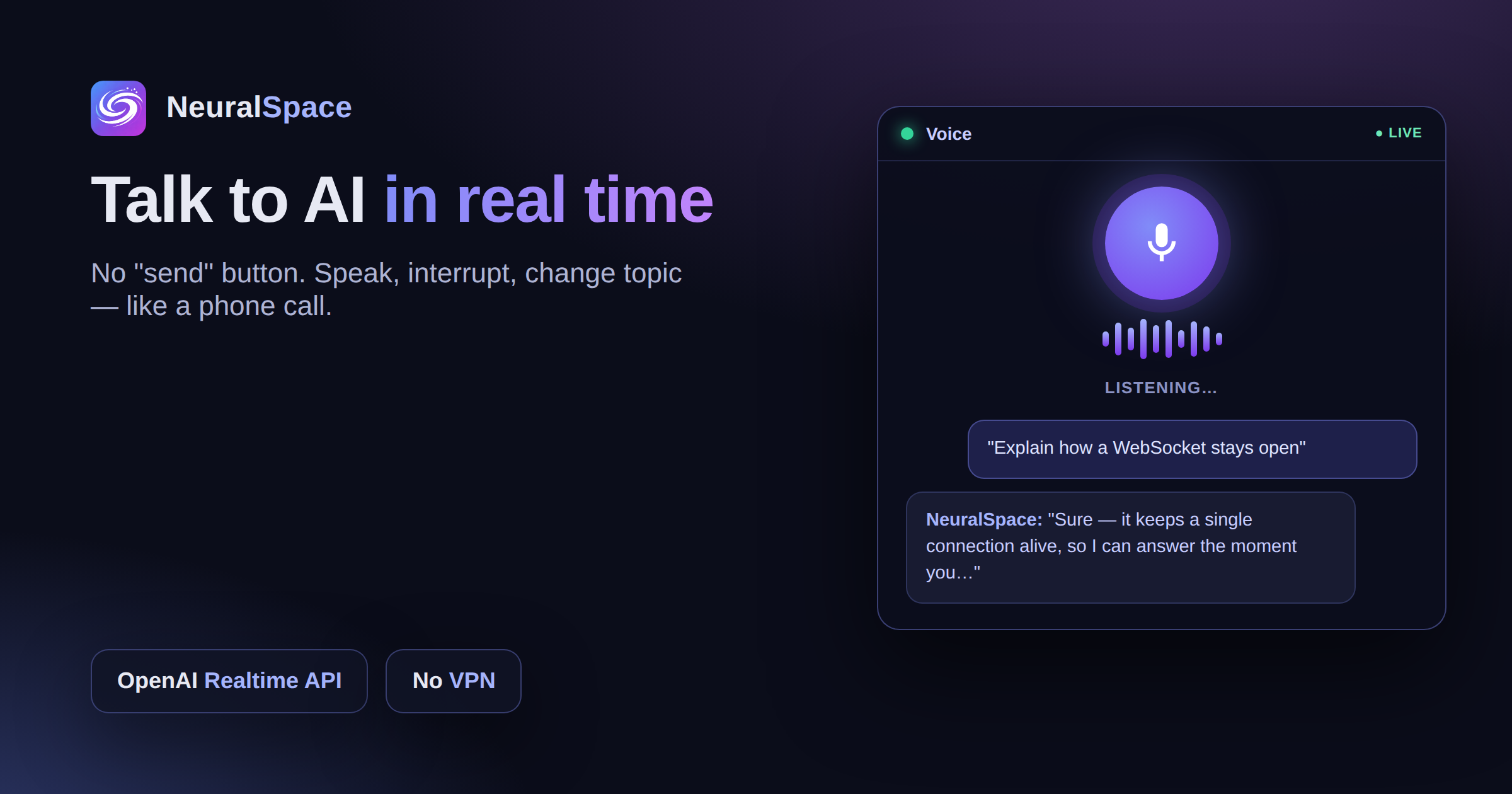 Realtime voice AI assistant — talk to AI live | NeuralSpace