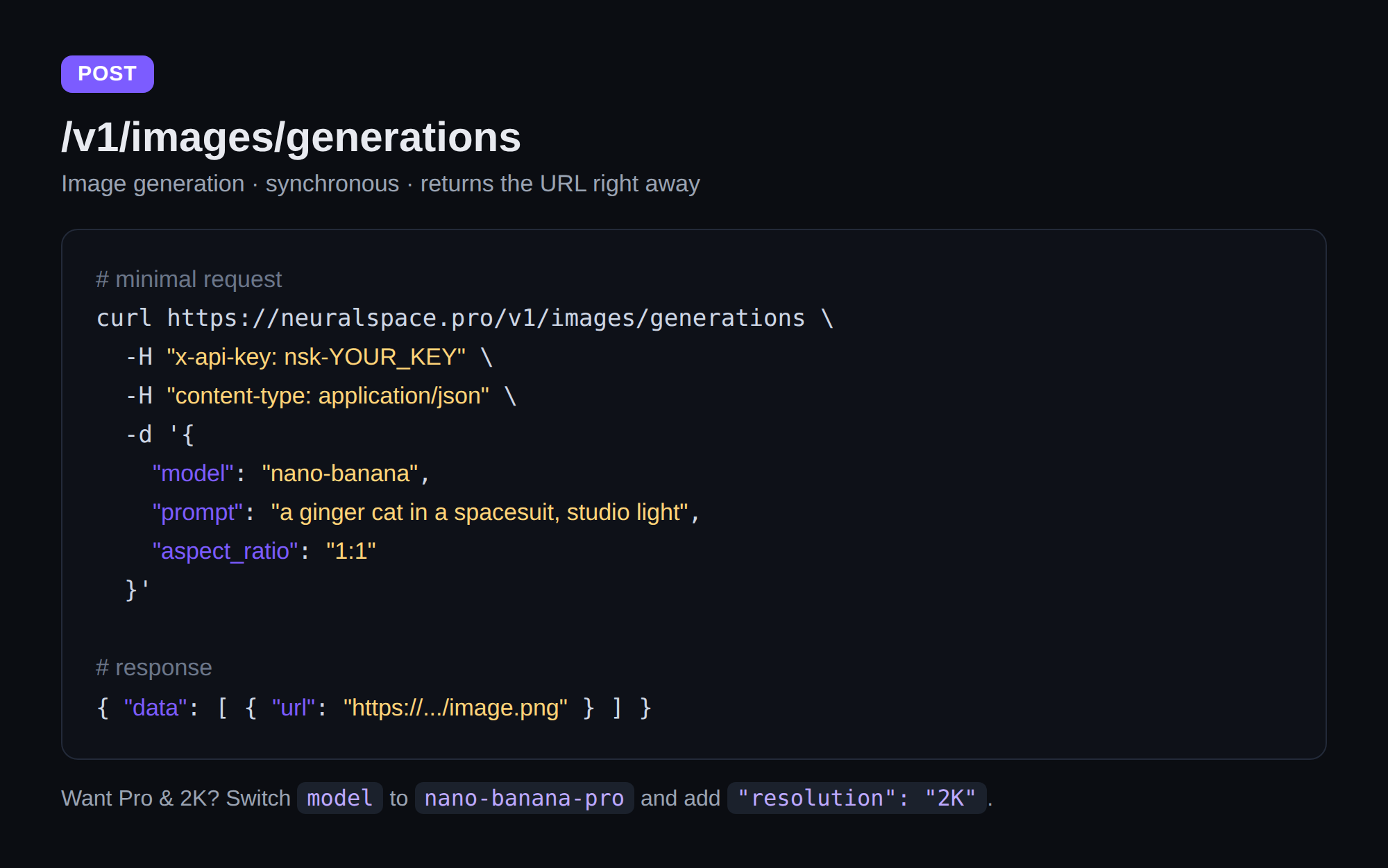 POST /v1/images/generations endpoint with a curl example for the Nano Banana image API