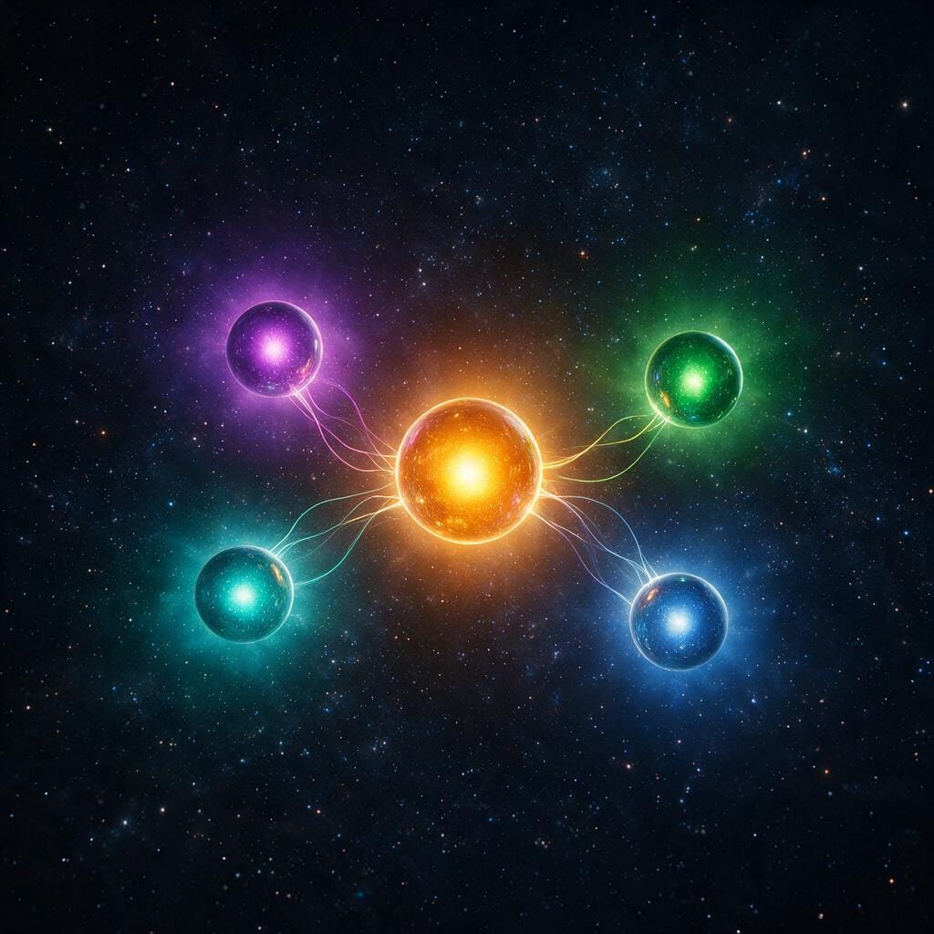 Five glowing spheres of different colors around a bright amber core — the image of choosing between models