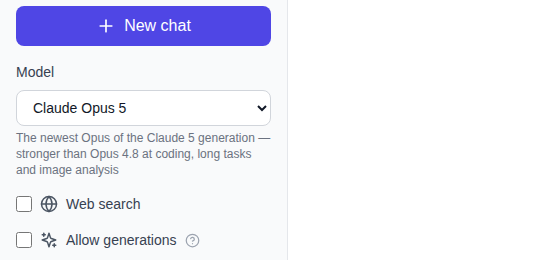 The model picker in NeuralSpace chat with Claude Opus 5 selected and its description underneath
