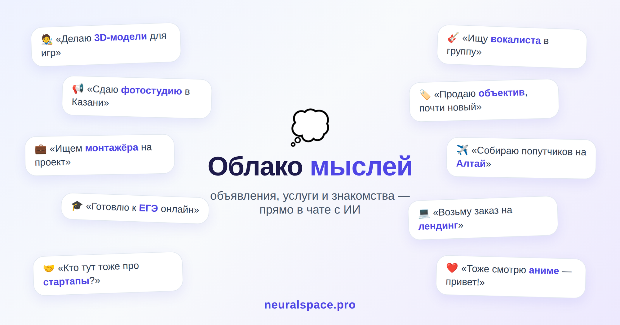 Облако мыслей в NeuralSpace: объявления, услуги и знакомства прямо в чате с ИИ