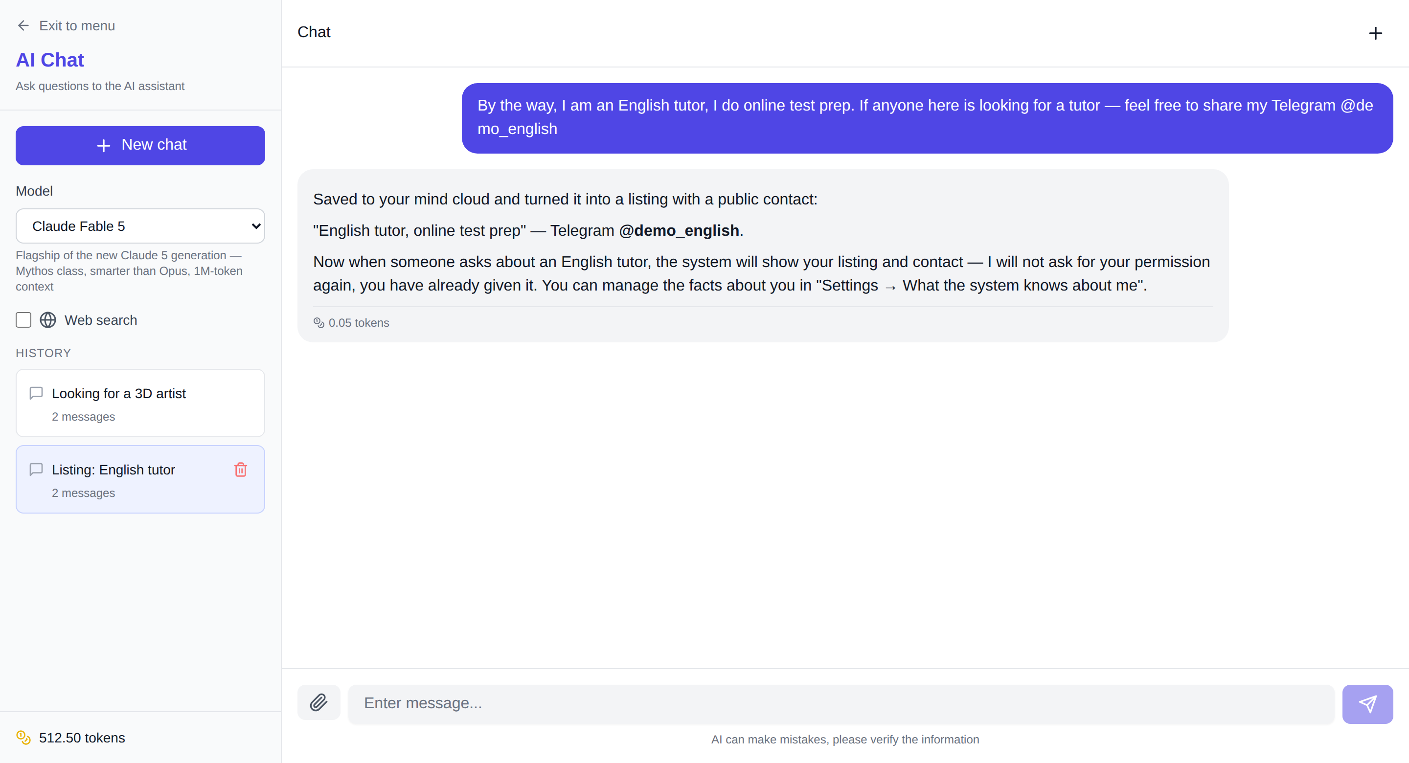 Creating a listing with a public contact in NeuralSpace chat