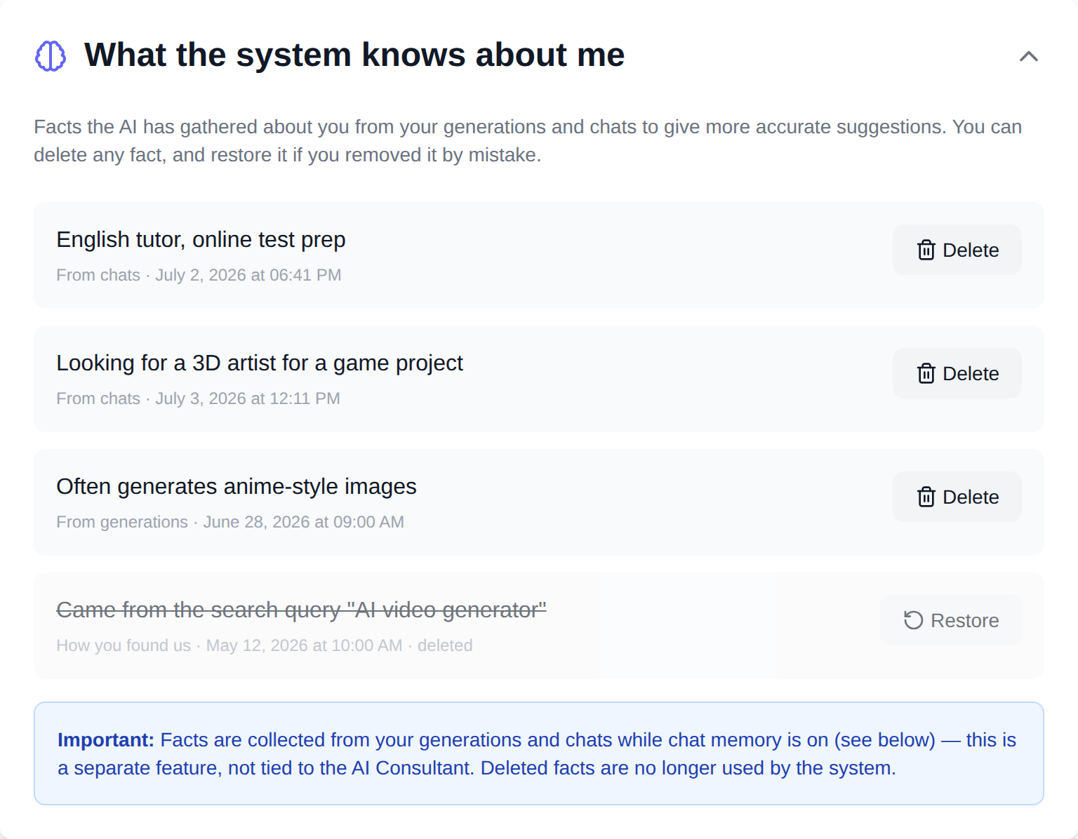 The “What the system knows about me” section in NeuralSpace settings