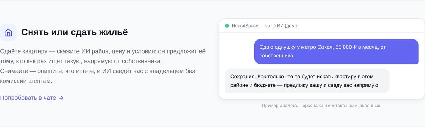 Пример диалога: сдать квартиру от собственника через облако мыслей NeuralSpace