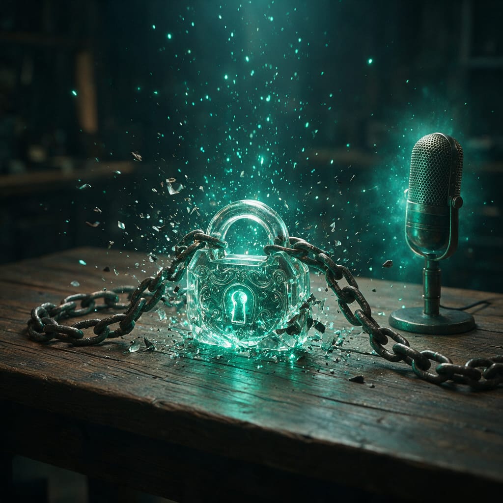 A glass padlock with a chain dissolving into glowing particles — paying without a subscription
