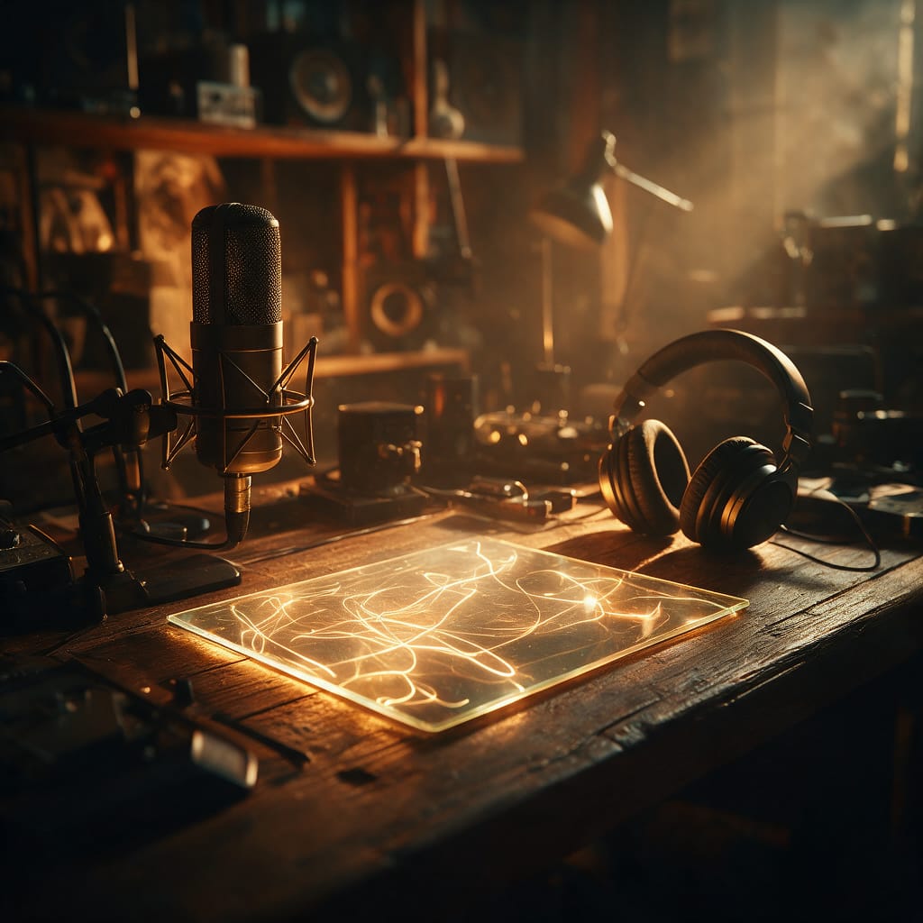 A glowing sheet with lines of light next to a microphone and headphones — song lyrics