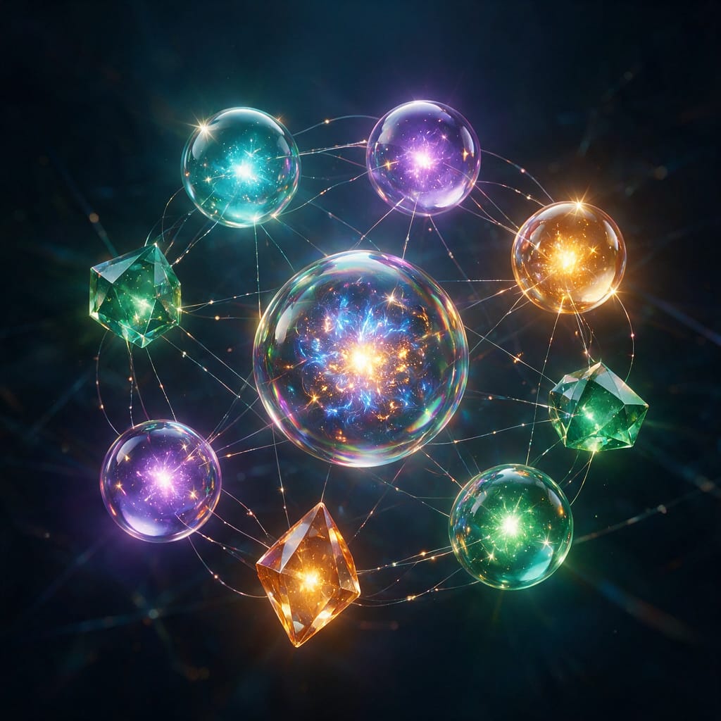 Several glowing spheres of different colors around a bright core — the image of choosing between models