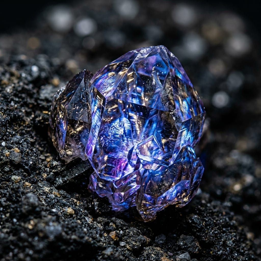 Example of high detailing (High): macro photography of a glowing crystal