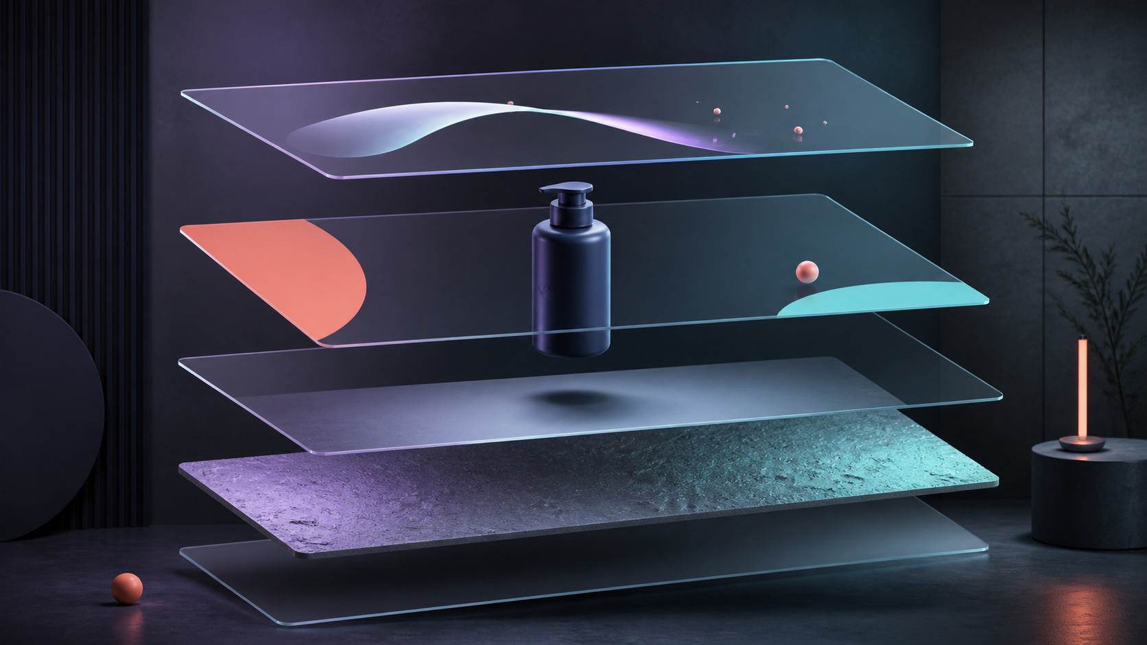 A product, shadow, background and accents placed on separate planes